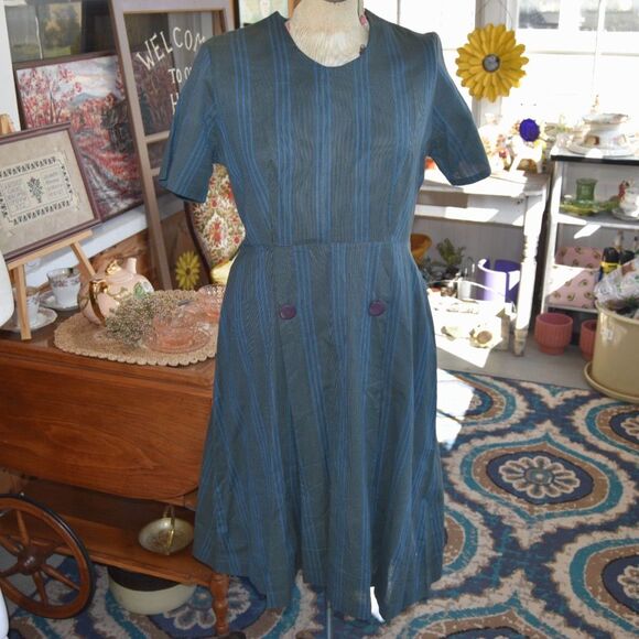 Unbranded Dresses & Skirts - Vintage 1950s Blue Stripe Dress Short Sleeve Fit Flare Button Front M